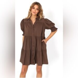 MADISON THE LABEL Brown Puff Sleeve Button-Down Dress
